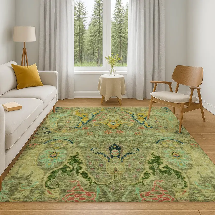 Green Blue And Gold Floral Washable Area Rug With UV Protection Photo 6