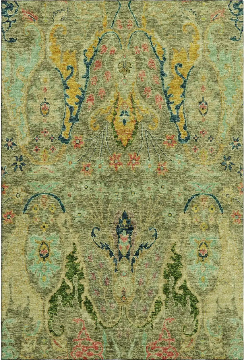 Green Blue And Gold Floral Washable Area Rug With UV Protection Photo 1