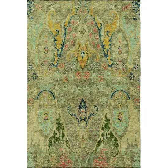 Green Blue And Gold Floral Washable Area Rug With UV Protection Photo 3