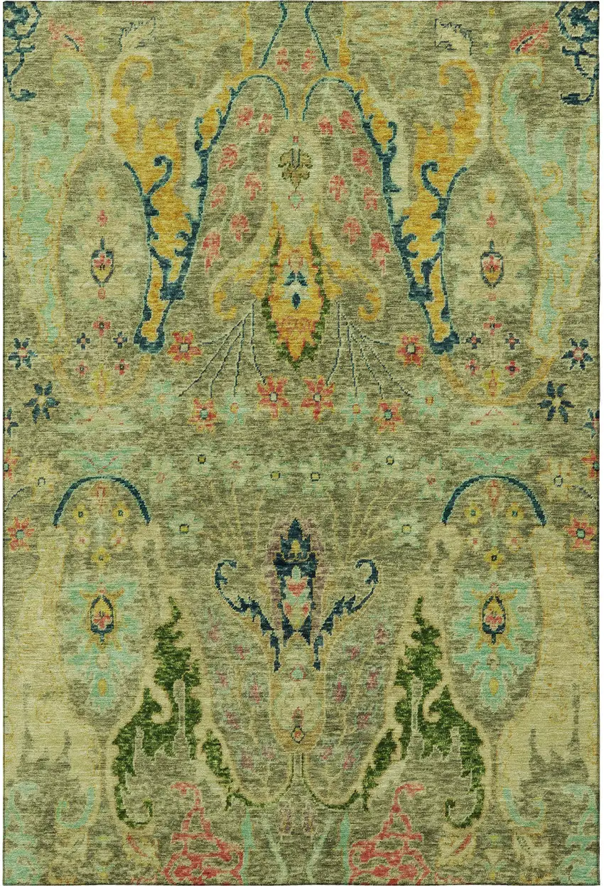 Green Blue And Gold Floral Washable Area Rug With UV Protection Photo 3