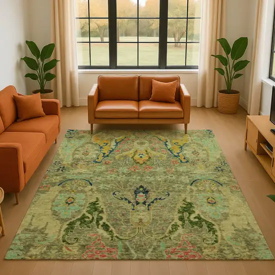 Green Blue And Gold Floral Washable Area Rug With UV Protection Photo 4