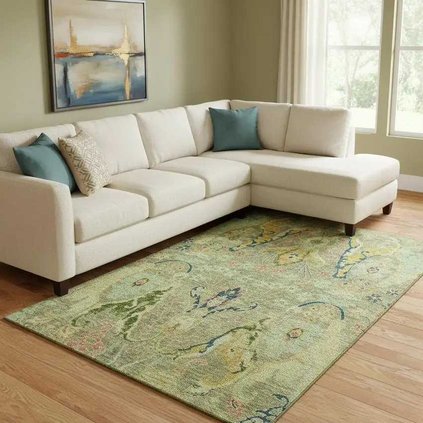 Green Blue And Gold Floral Washable Area Rug With UV Protection Photo 2