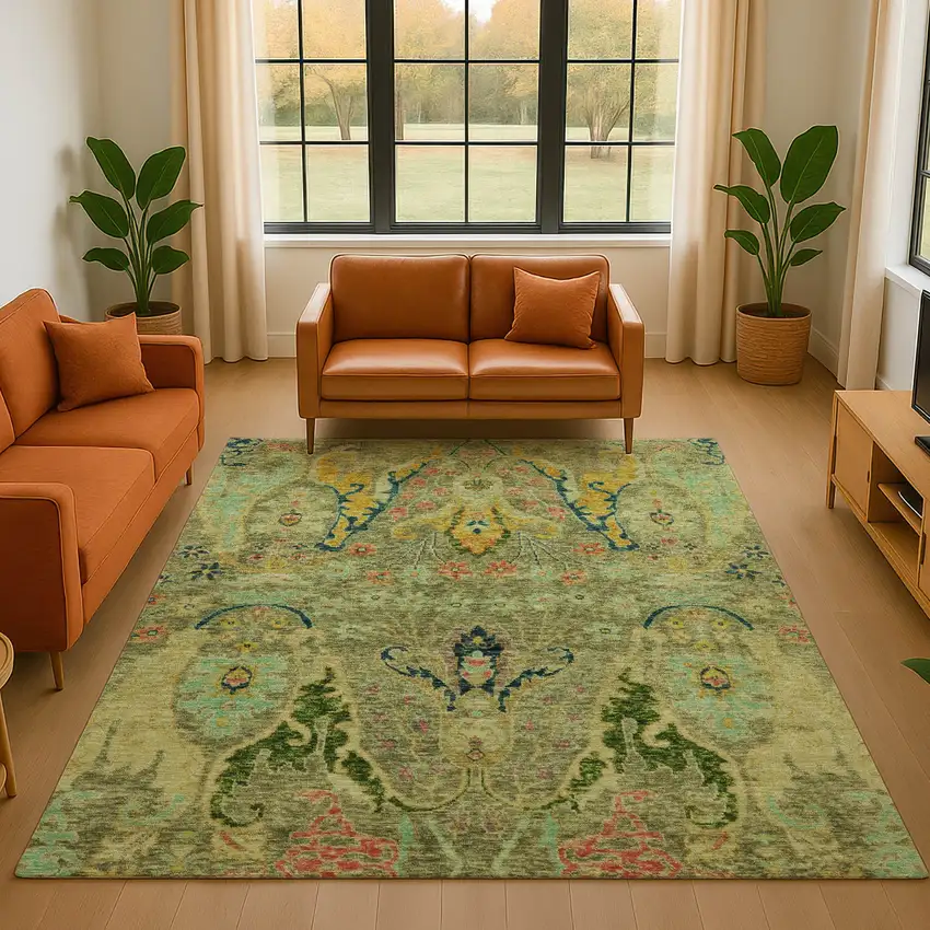 Green Blue And Gold Floral Washable Area Rug With UV Protection Photo 5