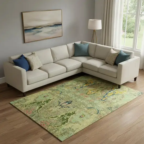 Green Blue And Gold Floral Washable Area Rug With UV Protection Photo 2