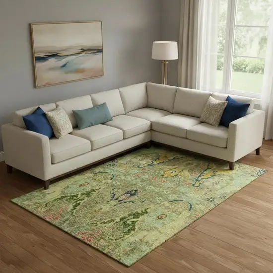 Green Blue And Gold Floral Washable Area Rug With UV Protection Photo 2