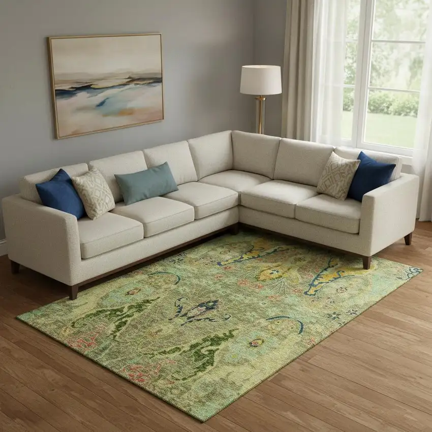 Green Blue And Gold Floral Washable Area Rug With UV Protection Photo 2