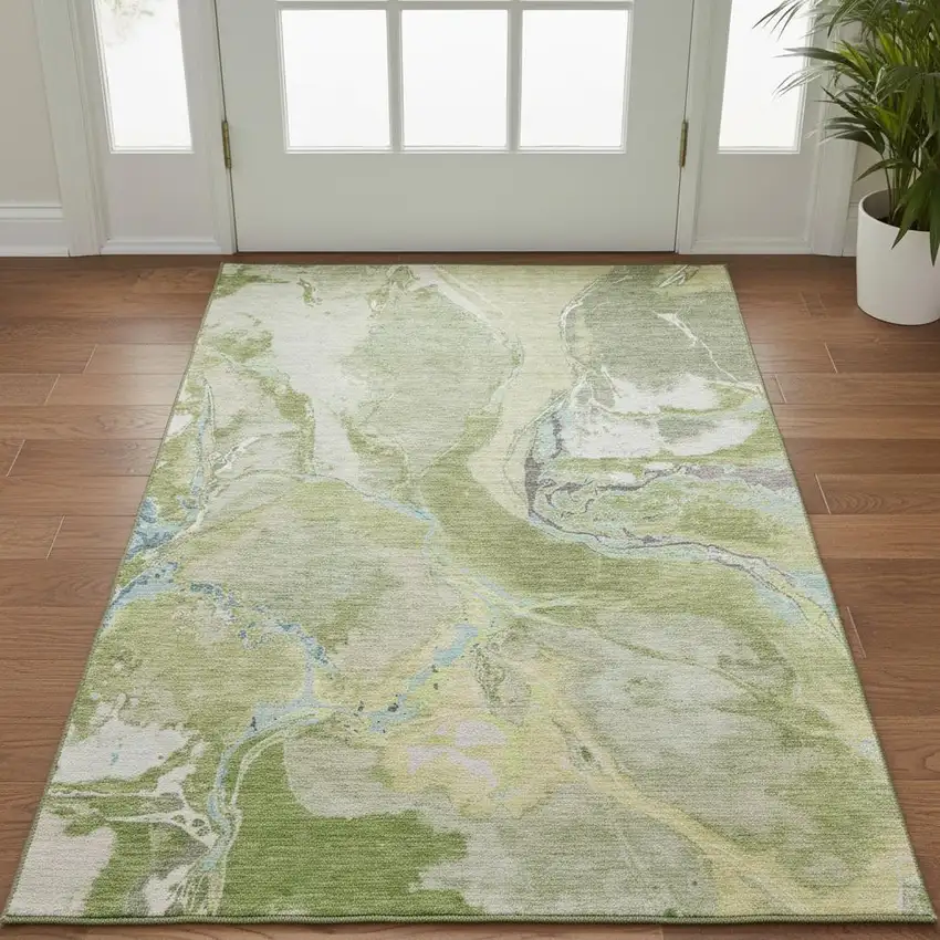 Green Blue And Gray Abstract Washable Area Rug With UV Protection Photo 2