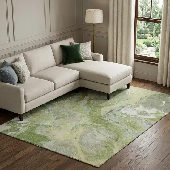 Green Blue And Gray Abstract Washable Area Rug With UV Protection Photo 1