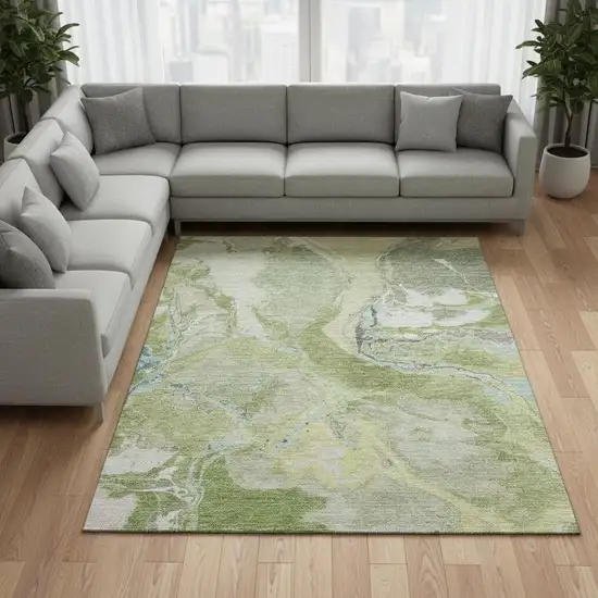 Green Blue And Gray Abstract Washable Area Rug With UV Protection Photo 2