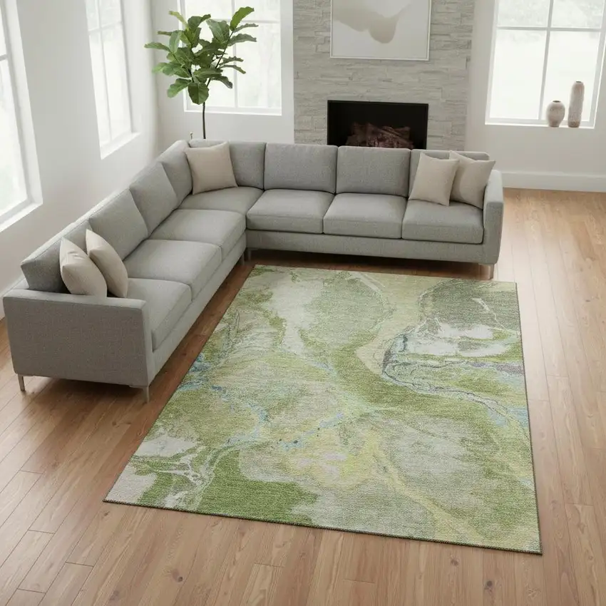 Green Blue And Gray Abstract Washable Area Rug With UV Protection Photo 2