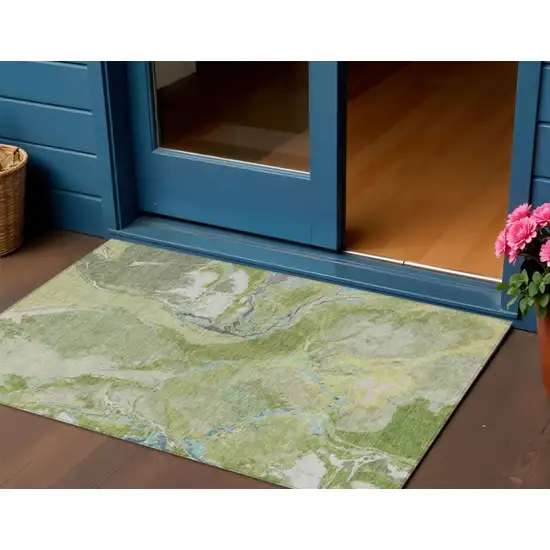 Green Blue And Gray Abstract Washable Indoor Outdoor Area Rug Photo 1