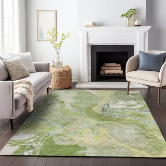 Green Blue And Gray Abstract Washable Indoor Outdoor Area Rug Photo 9