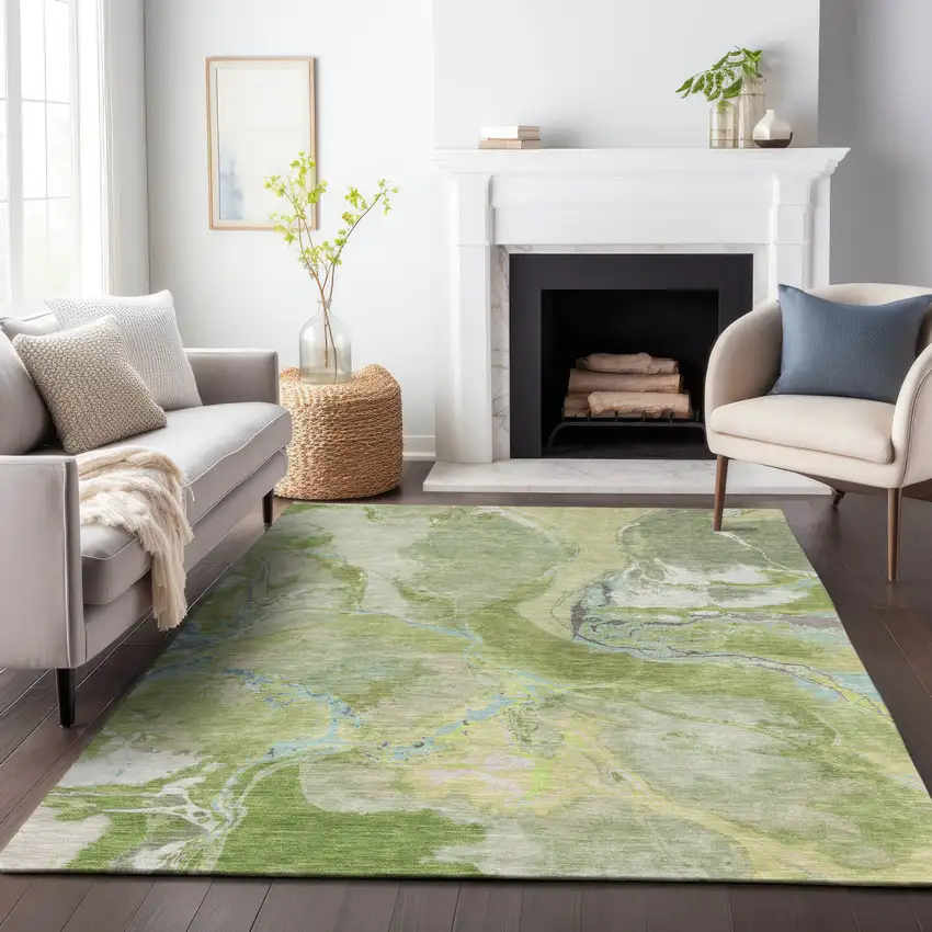 Green Blue And Gray Abstract Washable Indoor Outdoor Area Rug Photo 8
