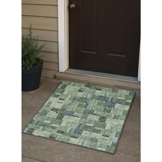 Green Blue And Gray Geometric Washable Area Rug With UV Protection Photo 2