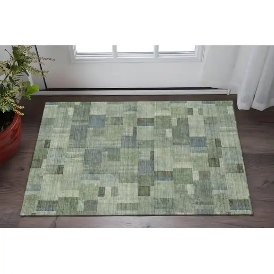 Green Blue And Gray Geometric Washable Area Rug With UV Protection Photo 3