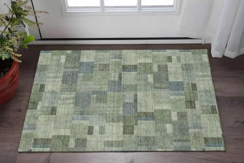 Green Blue And Gray Geometric Washable Area Rug With UV Protection Photo 3