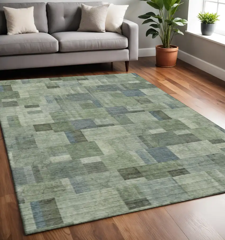Green Blue And Gray Geometric Washable Area Rug With UV Protection Photo 3