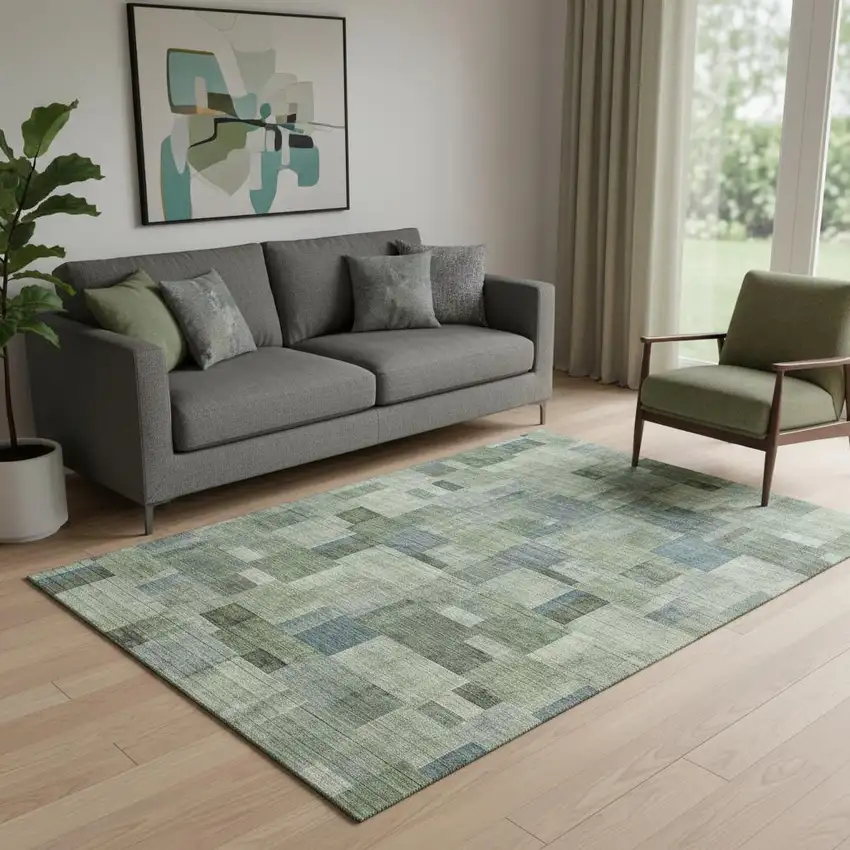 Green Blue And Gray Geometric Washable Area Rug With UV Protection Photo 1