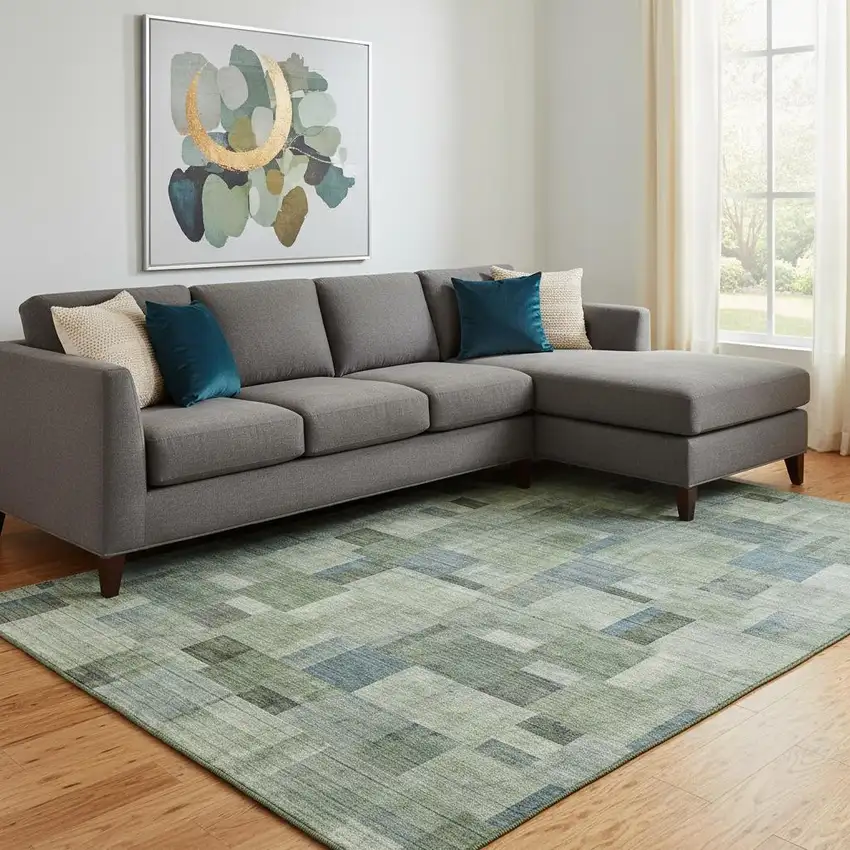 Green Blue And Gray Geometric Washable Area Rug With UV Protection Photo 1
