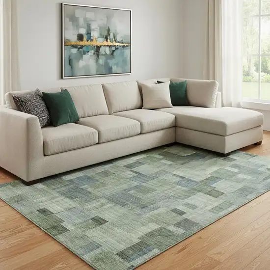 Green Blue And Gray Geometric Washable Area Rug With UV Protection Photo 1