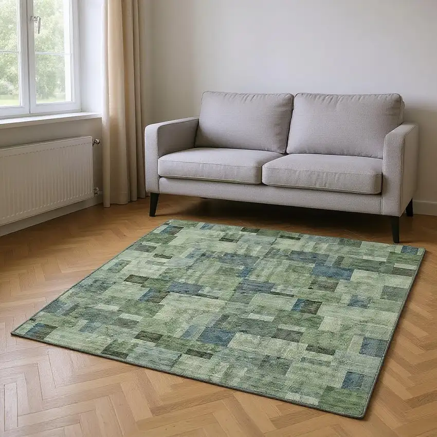 Green Blue And Gray Geometric Washable Area Rug With UV Protection Photo 2