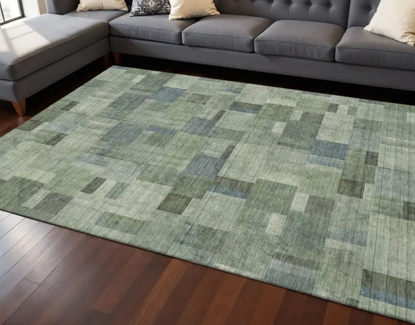Green Blue And Gray Geometric Washable Area Rug With UV Protection Photo 3