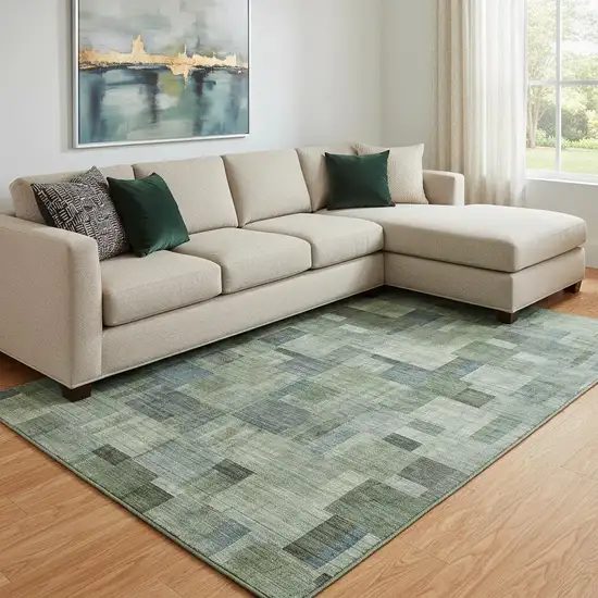 Green Blue And Gray Geometric Washable Area Rug With UV Protection Photo 1