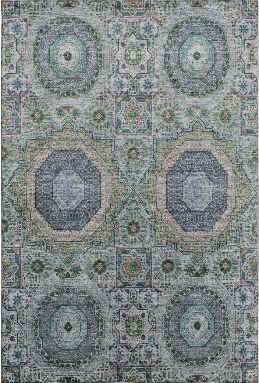 Green Blue And Gray Medallion Washable Area Rug With UV Protection Photo 1
