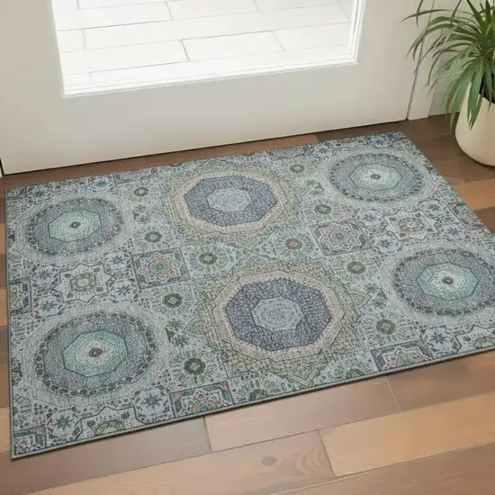 Green Blue And Gray Medallion Washable Area Rug With UV Protection Photo 2