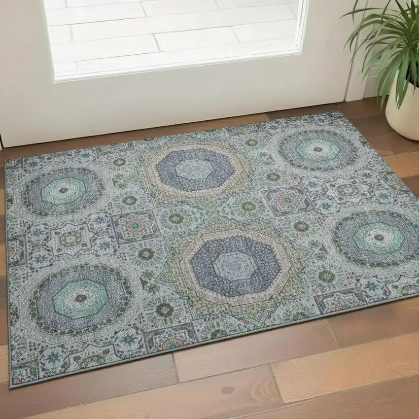 Green Blue And Gray Medallion Washable Area Rug With UV Protection Photo 2
