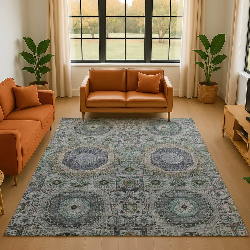 Green Blue And Gray Medallion Washable Area Rug With UV Protection Photo 5