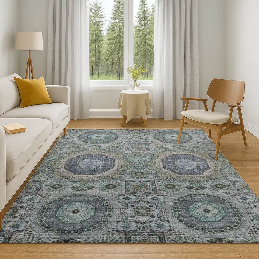 Green Blue And Gray Medallion Washable Area Rug With UV Protection Photo 6