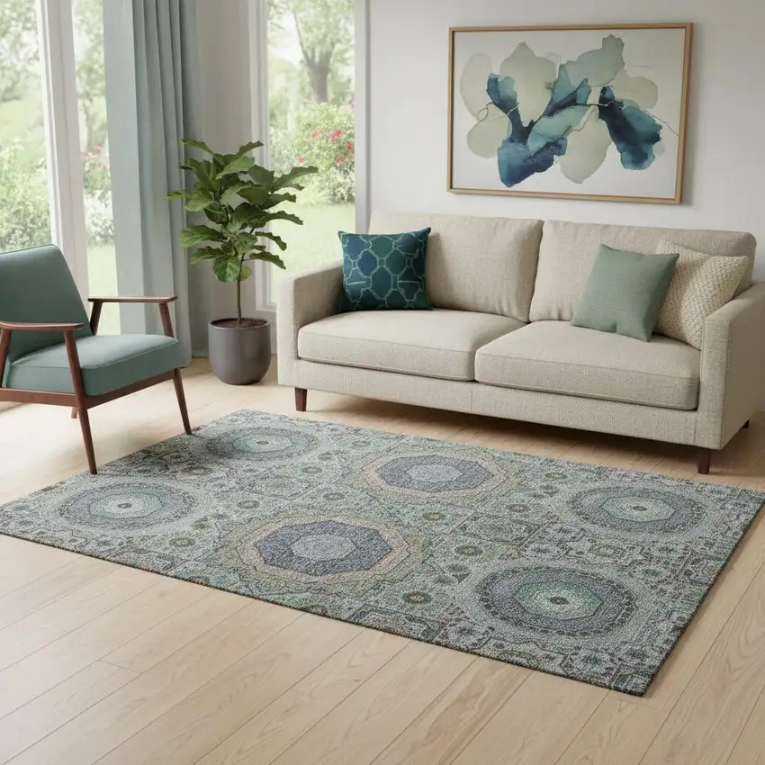 Green Blue And Gray Medallion Washable Area Rug With UV Protection Photo 2