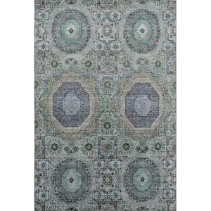 Photo of Green Blue And Gray Medallion Washable Area Rug With UV Protection