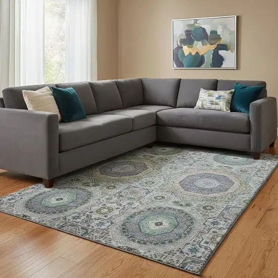 Green Blue And Gray Medallion Washable Area Rug With UV Protection Photo 2