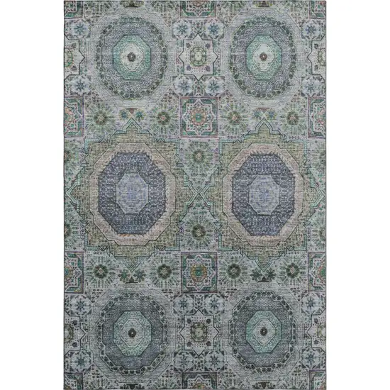 Green Blue And Gray Medallion Washable Area Rug With UV Protection Photo 1