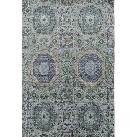 Green Blue And Gray Medallion Washable Area Rug With UV Protection Photo 4