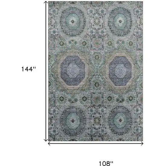 Green Blue And Gray Medallion Washable Area Rug With UV Protection Photo 9