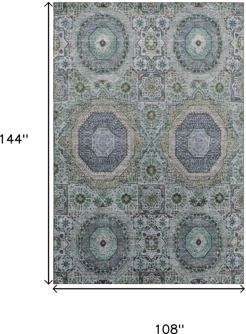 Green Blue And Gray Medallion Washable Area Rug With UV Protection Photo 9