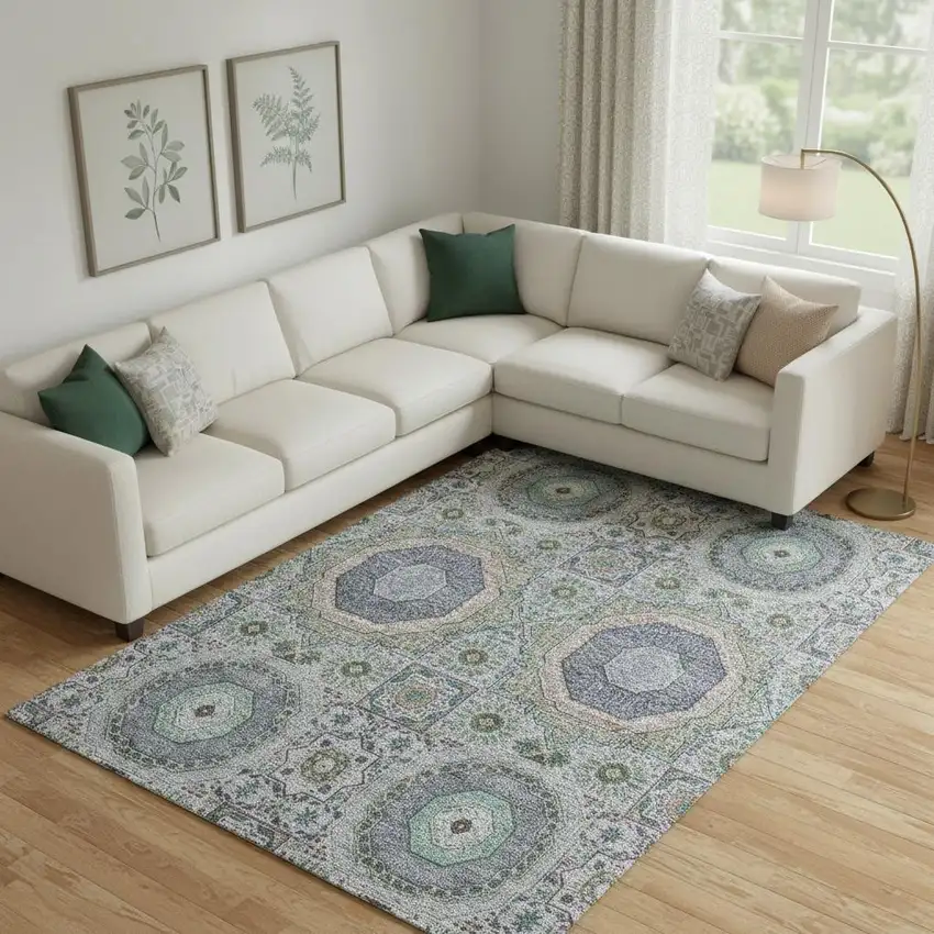 Green Blue And Gray Medallion Washable Area Rug With UV Protection Photo 2