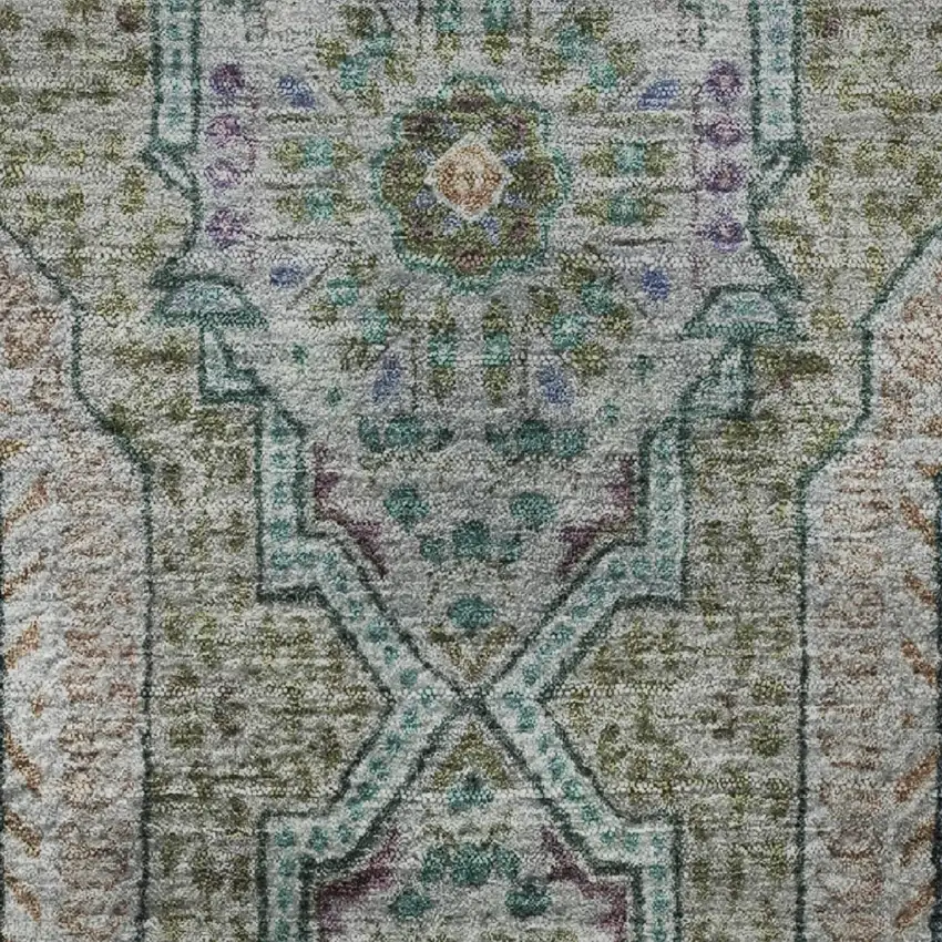 Green Blue And Gray Medallion Washable Area Rug With UV Protection Photo 8