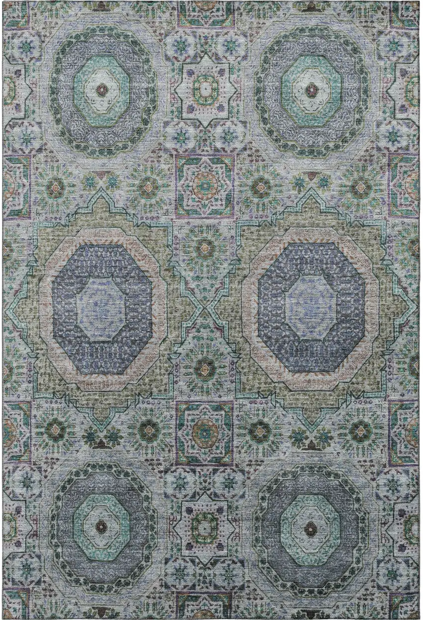 Green Blue And Gray Medallion Washable Area Rug With UV Protection Photo 4