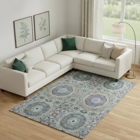 Green Blue And Gray Medallion Washable Area Rug With UV Protection Photo 2