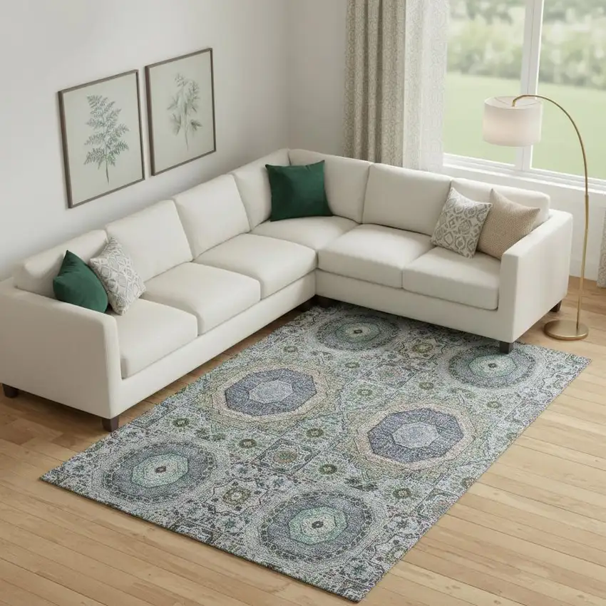 Green Blue And Gray Medallion Washable Area Rug With UV Protection Photo 2