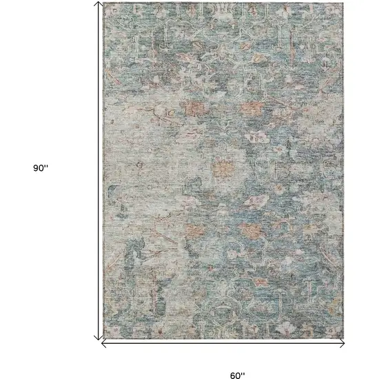 Green Blue And Gray Oriental Washable Indoor Outdoor Area Rug Photo 3
