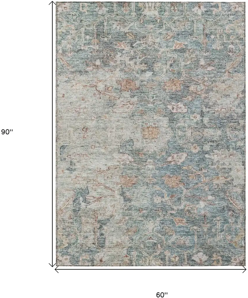 Green Blue And Gray Oriental Washable Indoor Outdoor Area Rug Photo 3
