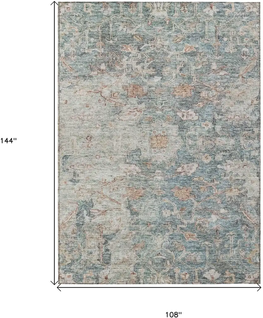 Green Blue And Gray Oriental Washable Indoor Outdoor Area Rug Photo 3