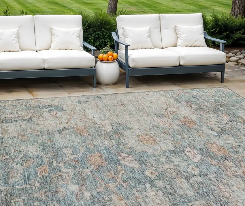 Green Blue And Gray Oriental Washable Indoor Outdoor Area Rug Photo 1