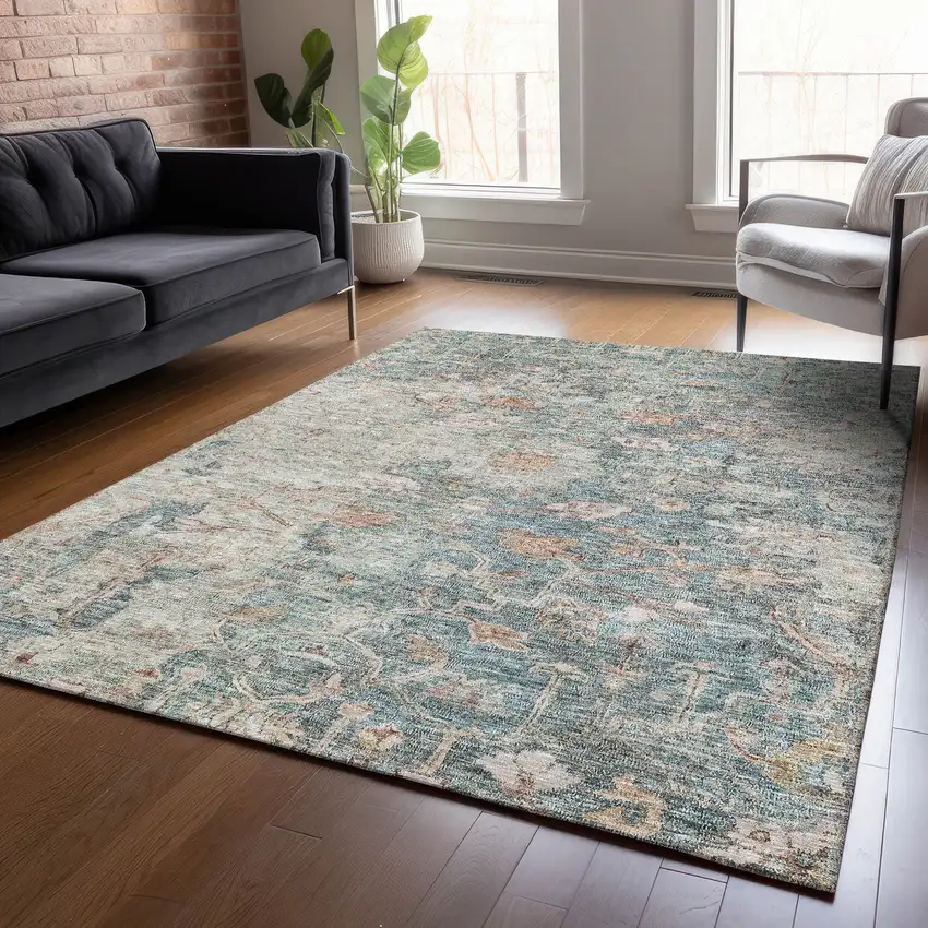 Green Blue And Gray Oriental Washable Indoor Outdoor Area Rug Photo 9