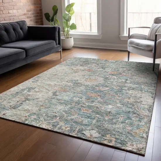 Green Blue And Gray Oriental Washable Indoor Outdoor Area Rug Photo 9